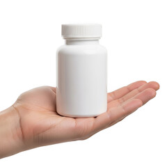 Hand holding white pill bottle isolated on transparent background