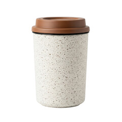 Speckled white ceramic travel mug with brown lid isolated on transparent background