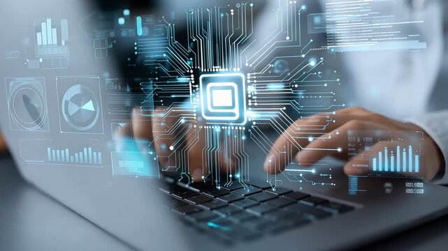 A close-up of hands typing on a laptop, showcasing a digital interface with circuit patterns and glowing elements