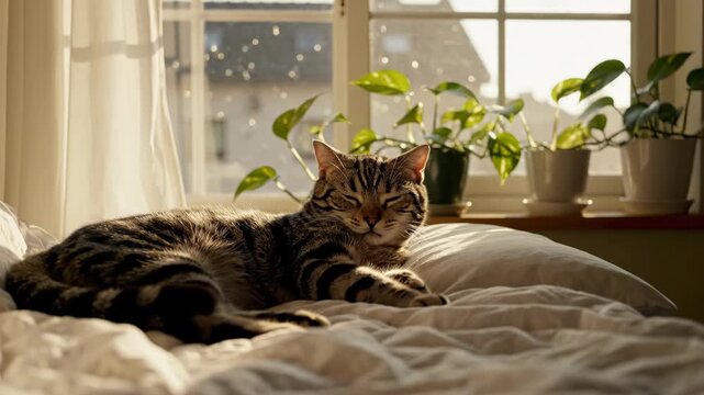 Relaxed tabby cat lounging on bed near sunlit window
