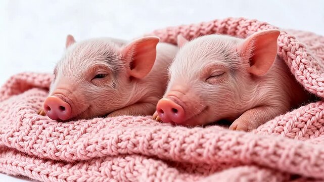 Two baby pigs sleeping on pink blanket