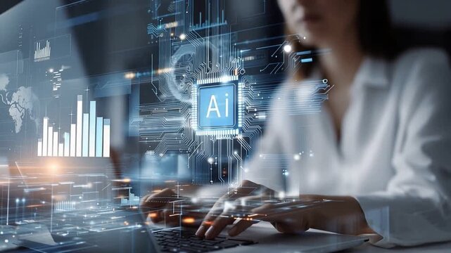 A focused individual interacting with an advanced computer interface, showcasing the fusion of human intellect and digital innovation in a modern workspace.