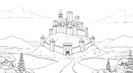 Fototapeta premium Medieval Hilltop Castle Fortress Line Art