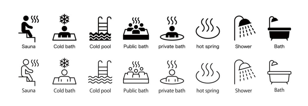 Icon set of sauna, hot spring, spa, public bath, etc.