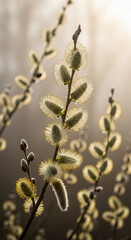 Close-up of pussy willow branch with soft, furry catkins in bloom, symbolizing spring, new life, and natural beauty, with a blurred background