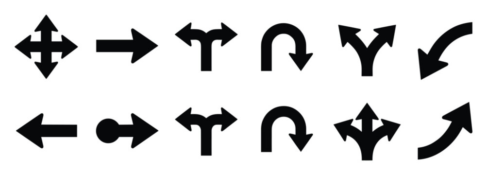 Directional arrows vector set, multiple shapes pointing different directions, black and white