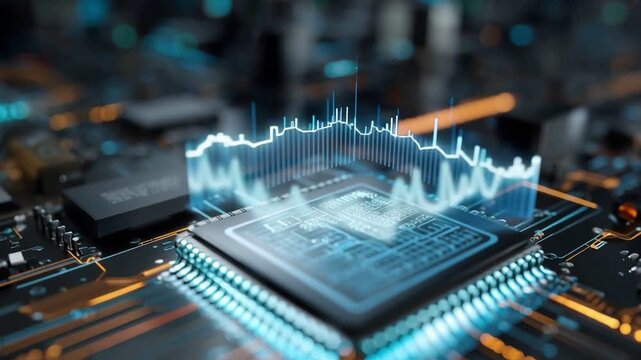 A close-up view of a microprocessor on a circuit board, showcasing intricate electronic components and an overlay of digital waveforms, representing advanced technology and innovat