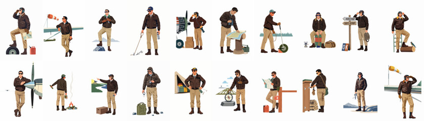 Collection of Vintage Aviator Illustrations: Male Pilot Engaged in Aviation, Exploration, and Wilderness Adventures © Asep