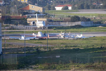 Private jet aircraft preparing for flight at airport