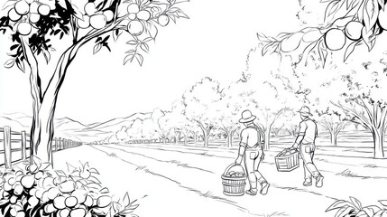 Obraz premium Agricultural Scene with Farmers Harvesting Fruits in Orchard
