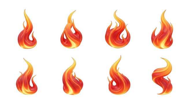 set of eight 3d rendered flames on a white background fiery elements for graphic design and digital projects