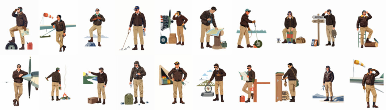 Collection of Vintage Aviator Illustrations: Male Pilot Engaged in Aviation, Exploration, and Wilderness Adventures
