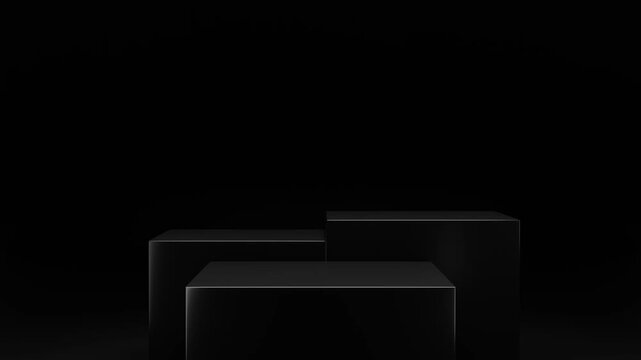 Dark black rectangle podium for product show case, for cosmetic product display stand with minimalist black background and soft lighting and shadows, modern architectural backdrop, 3d rendering