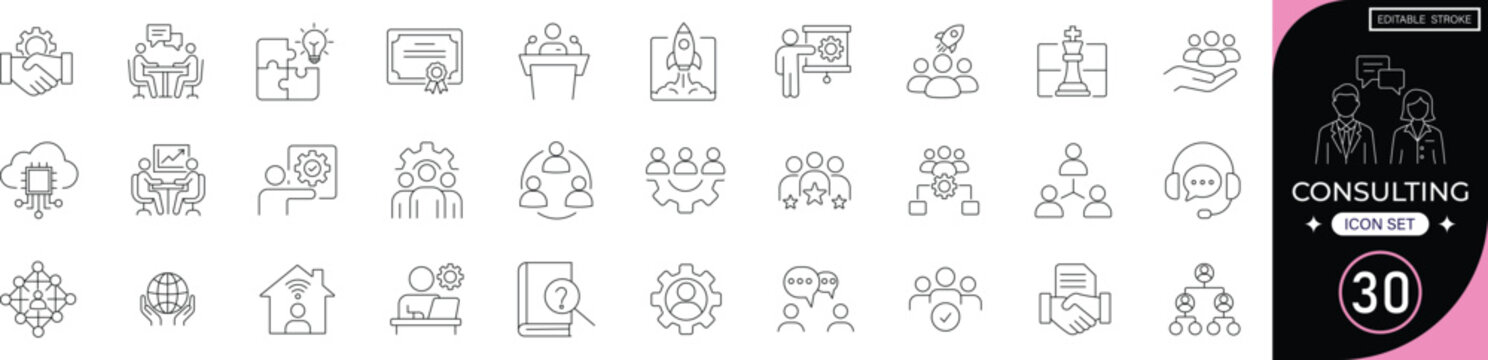 consulting icon set  business strategy, advisor, analysis, marketing, solution, planning, management, brainstorming, teamwork, editable line icons, vector illustration.