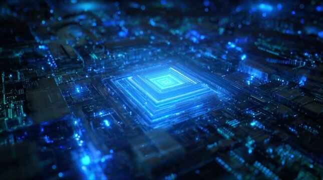 Superfast AI processor performing complex computations with glowing blue energy circuits (AI Generated)
