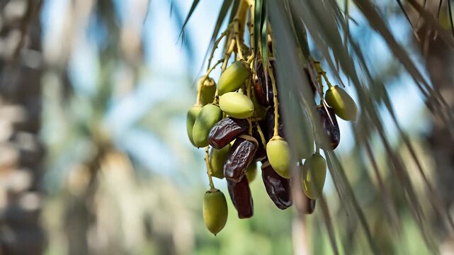 Close up of ripening dates hanging from a palm tree in sunlight