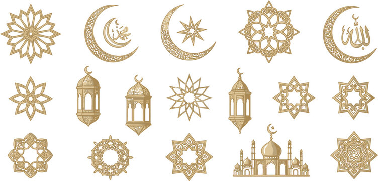Ramadan and Eid vector icon set. Includes mosque, lantern, star, moon, and Arabic calligraphy symbols. Created in gold metallic style.