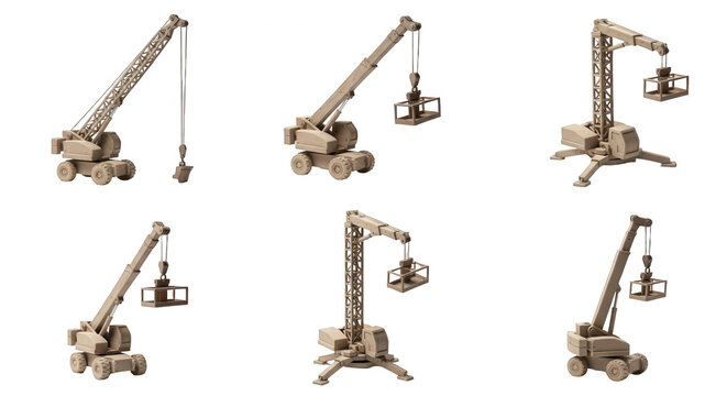 miniature wooden cranes lifting objects on a white backdrop construction engineering or toy design themes