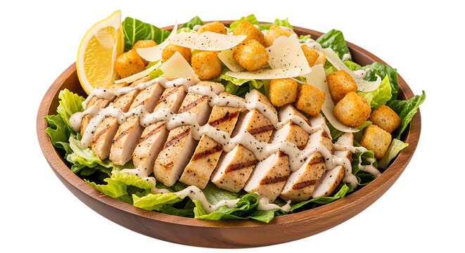 Caesar salad with grilled chicken, croutons, and parmesan cut out on PNG, isolated on transparent background, healthy meal concept. AI generated.