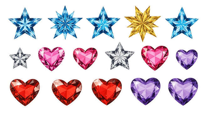 Star and heart jewels sticker set cut out on PNG, isolated on transparent background, decorative craft elements. AI generated.