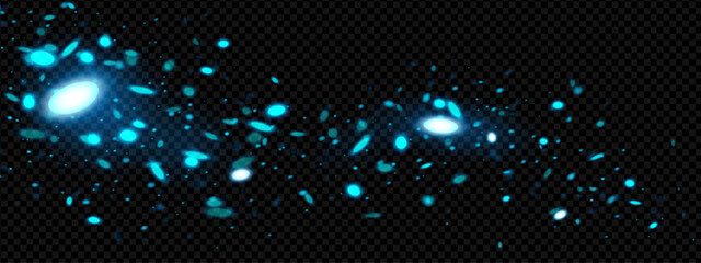 Blue firefly particle magic glow effect. Forest dust glitter and light overlay background. Pollen twinkle burst with shimmer and shine source. Neon glowworm fly. Bug glimmer texture with flare. © Mariia