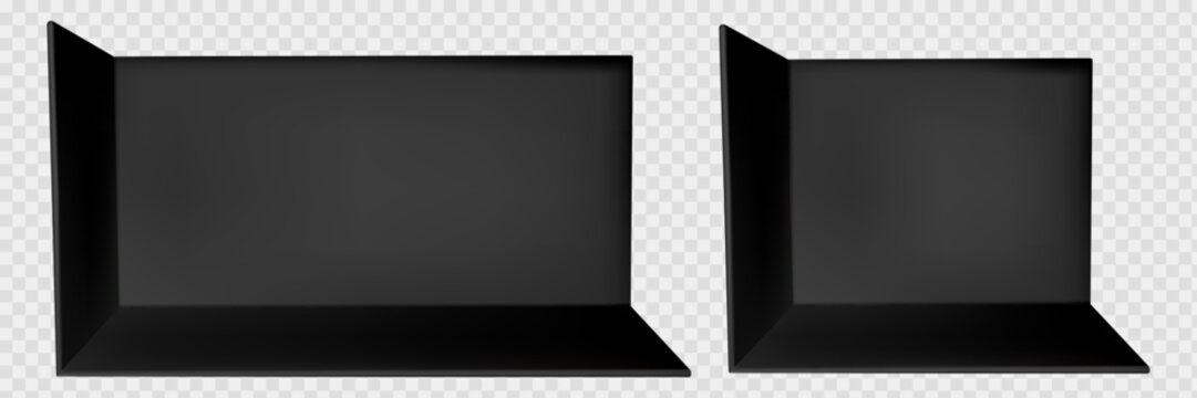 3d black booth set with corner stand and mockup wall for exhibition tradeshow. Empty square room with backdrop display space and office interior panel. Pop up store area perspective template vector.