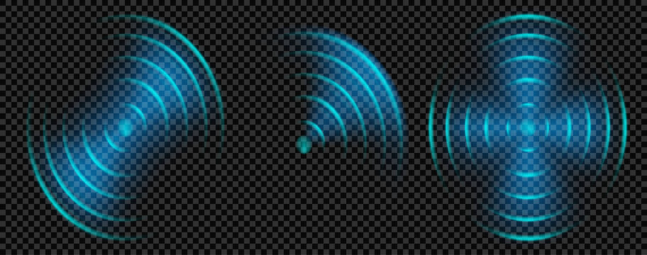 Sonar wave effect with radar signal and blue light ripple for tech. Neon 3d glow with radial circular echo in technology sensor. Abstract hud wireless network transparent background graphic