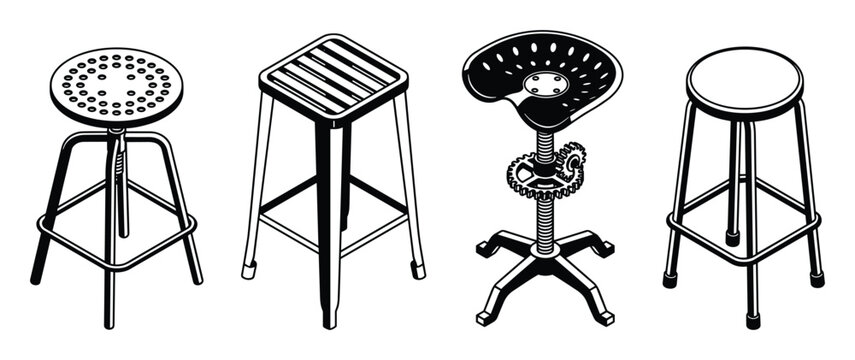 Four isometric industrial bar stools illustrations isolated