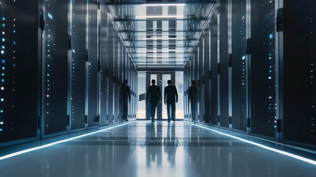 Two professionals examine a high-tech data center, emphasizing the significance of data management and cybersecurity in today's digital landscape. Modern servers line the corridor.