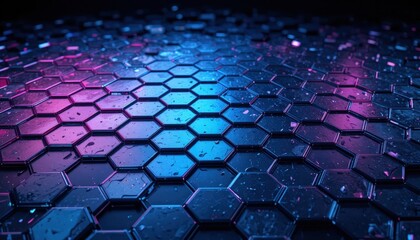 Obraz premium Abstract Hexagonal Pattern with Neon Glow in Black Background for Modern Design