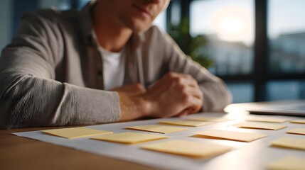 Focused individual contemplating a grid of yellow sticky notes on a desk illuminated by natural light