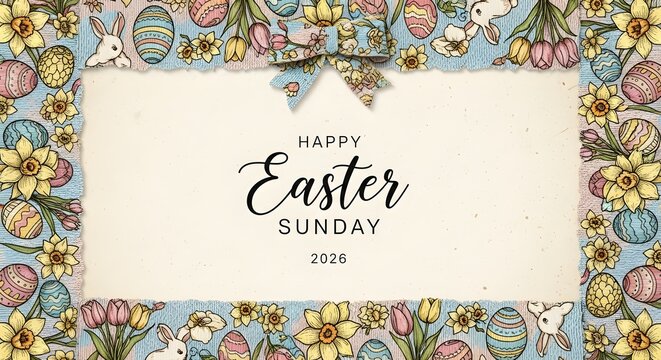 Happy easter sunday greeting card with vintage floral and egg border