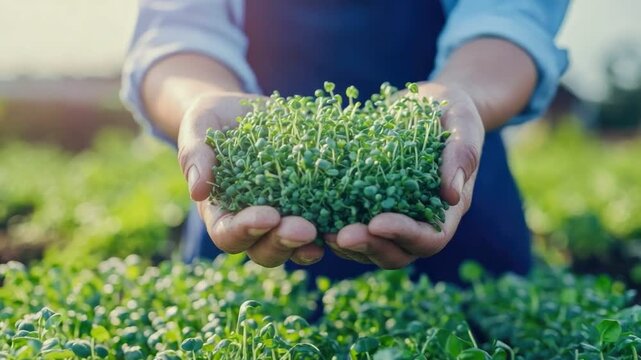 A person holds a fresh bundle of vibrant microgreens in their hands, showcasing the beauty of nature's bounty in a lush, green agricultural field under bright sunlight.