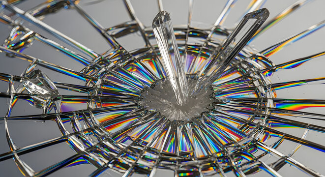 A close-up view of a shattered glass surface with intense, heavy cross-processing film effect creating a dramatic, intense image