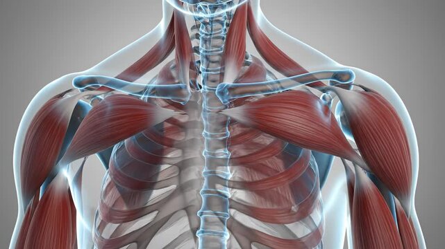 Detailed 3d rendering of human upper body muscle anatomy, highlighting shoulder muscles and upper back on a grey background.