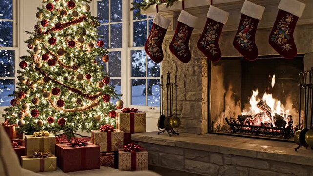 Cozy Christmas Eve Scene with Fireplace and Decorated Tree.