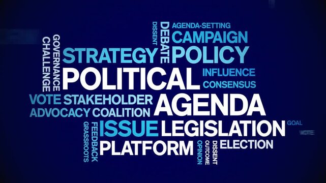 Political Agenda animated word cloud-text design animation tag kinetic typography seamless loop.