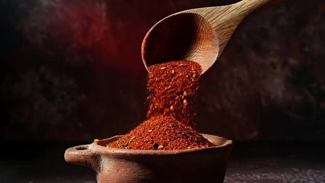 Red chili flakes being poured into a bowl with wooden spoon dramatic lighting