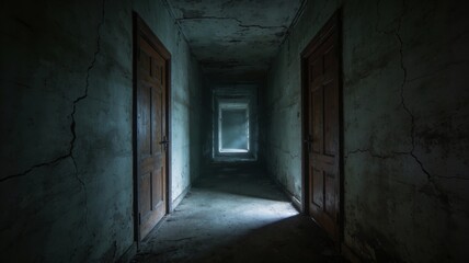 Fototapeta premium Dark Abandoned Corridor with Wooden Doors