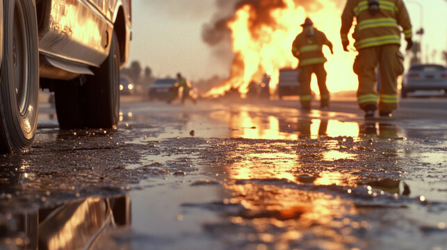 Fire truck wheel with active fire scene in background