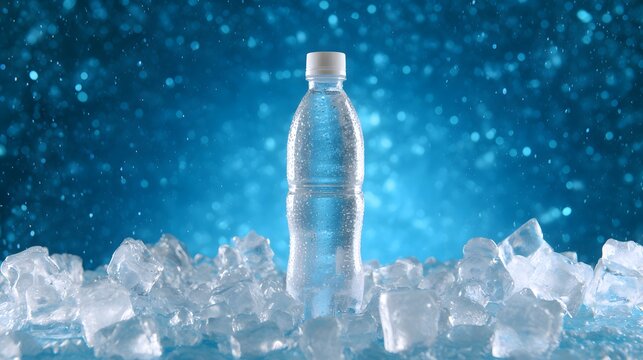 Purity in Refreshment: A sleek, transparent bottle of fresh water is presented amidst a bed of glistening ice, with a backdrop of a cool, ethereal blue, evokes a sense of purity and rejuvenation. 