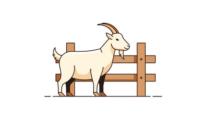 A creamcolored goat with horns stands beside a simple wooden fence © sedol
