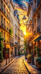 Naklejka premium Vibrant brushstrokes and textures capture the quintessential charm of a Parisian street scene, bathed in warm golden light