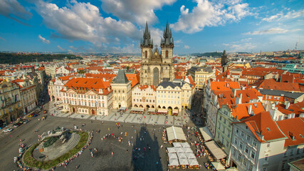 Obraz premium Panoramic view of Old Town Square and Tyn Church at sunset, Prague, Czech Republic