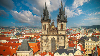 Fototapeta premium Iconic Tyn Church and red rooftops of Old Town Prague, Czech Republic