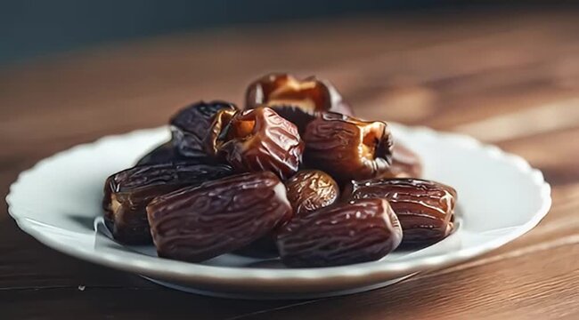Closeup shot of Medjool dates arranged on a white ornate plate