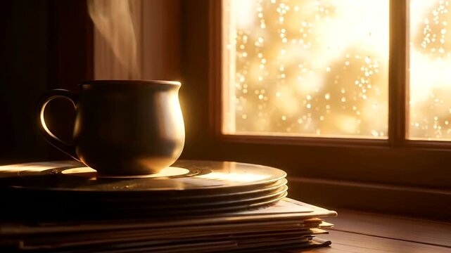 A steaming mug sits on vintage vinyl records by a rain-streaked window, creating a perfect cozy home decor scene with warm, natural back-lighting.