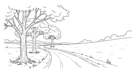 Naklejka premium Country road with trees and rolling hills line art