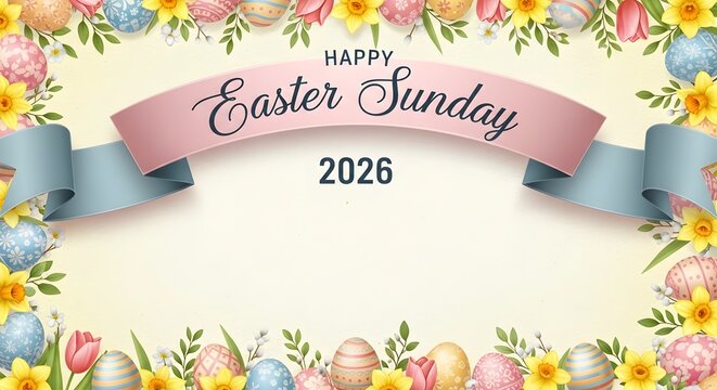 Happy easter sunday 2026 banner with eggs and spring flowers frame