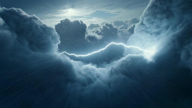 Intense storm clouds with bright lightning crossing a dramatic blue sky.